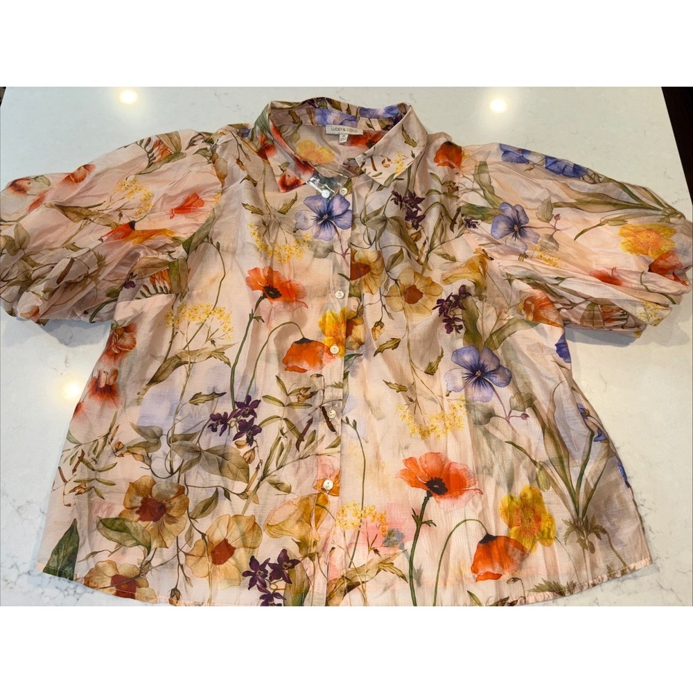 Lucky & Coco Sheer Bohemian Blouse Women 2X Floral Puff Sleeve Feminine Chiffon